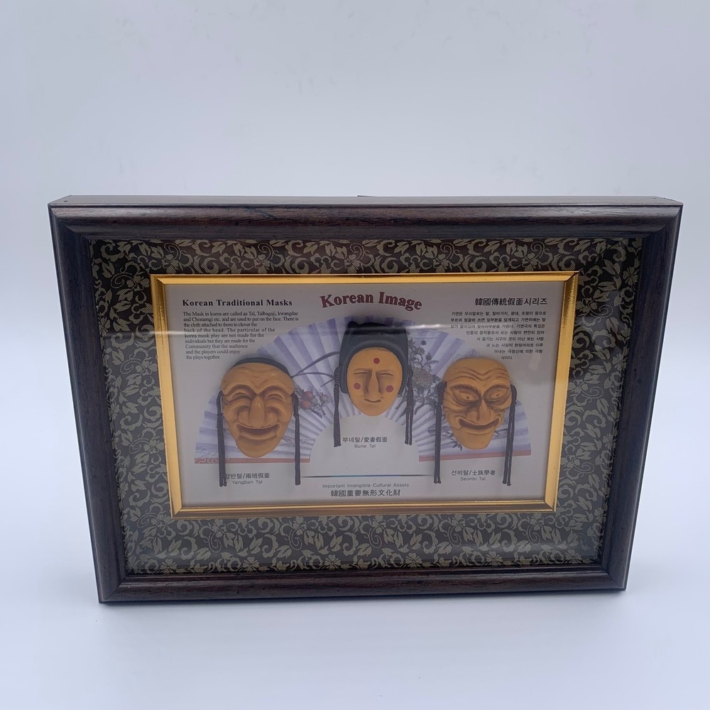Vintage Korean Hahoe Masks Shadow Box Framed Yangban Bune Seonbi Tal Wall Art 3D - Picture 1 of 6